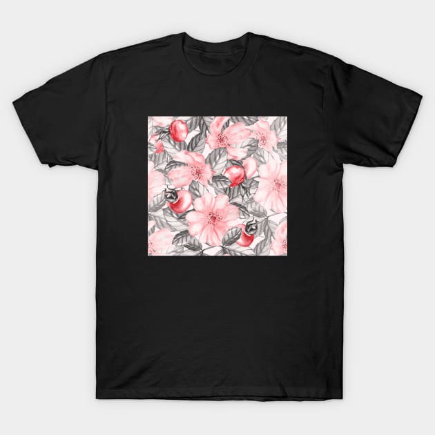 Pink Flowers in the black T-Shirt by Art by Ergate